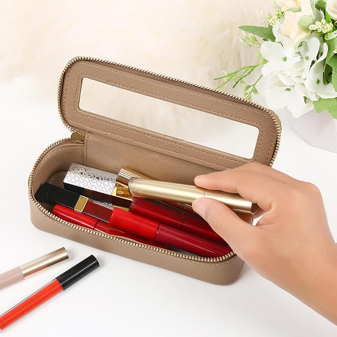 Aveniee Clear Makeup Brush Bag, Slim Cosmetic Brush Holder, Small Travel Toiletry Bag for Women, Thin Make up Bags with Dual Zipper, Mini Travel Essentials Organizer - Taupe