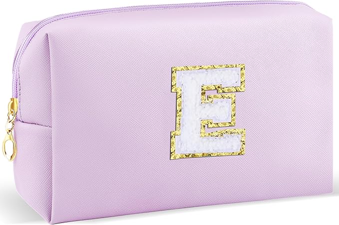 Gifts for Girls Initial Makeup Bag Personalized Cosmetic Bag with Zipper Cute Travel Toiletry Bag Waterproof PU Preppy Makeup Pouch Birthday Gift for Teen Girls Women(Purple E)