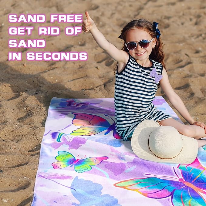 WERNNSAI Beach Towel for Kids, 30”x 60”Butterfly Quick Dry Sand Free Kids Beach Towel for Girls Personalized Beach Towel Pool Camping Travel Towel Soft Beach Blanket Bath Shower Towel