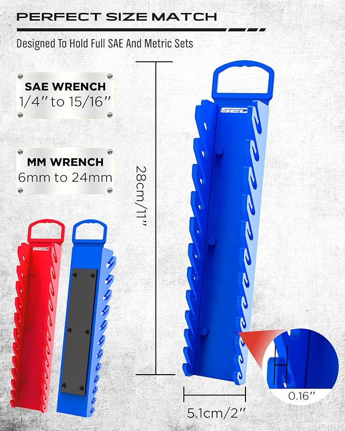 2-Pack Magnetic Wrench Organizer Set, 24-Slot Premium Wrench Rack Holder with Non-Slip Carry Handle for Tool Box Drawer Wall Storage, SAE (1/4'' to 15/16'') & Metric (6mm to 24mm)