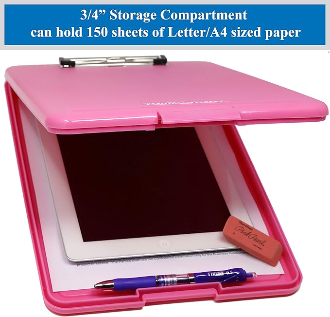 Think2Master [3 Pack] Pink Plastic Storage Clipboard. | 25% Heavier & Sturdier| Heavy Duty and Won’t Flex Like Other Brands (Compare The Weight). Storage Compartment Holds 150 Letter Sized Paper.