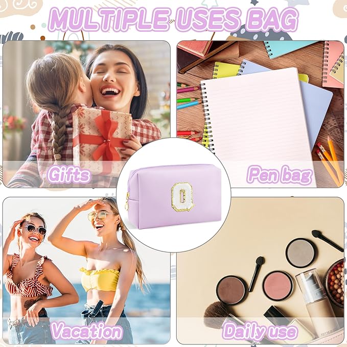 Gifts for Girls Initial Makeup Bag Personalized Cosmetic Bag with Zipper Cute Travel Toiletry Bag Waterproof PU Preppy Makeup Pouch Birthday Gift for Teen Girls Women(Purple Q)