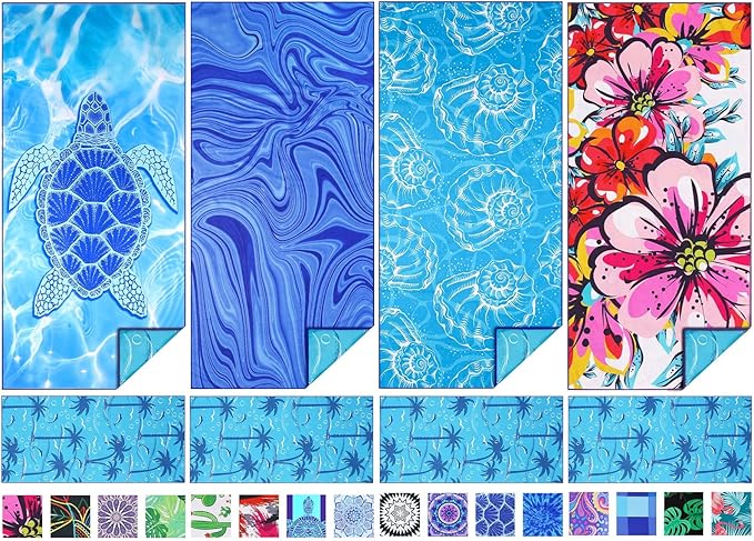TwoYek 4 Pack Microfiber Thin Beach Towel Lightweight 71x32 Oversized Extra Large Sand Free Towels Quick Dry for Travel Pool Yoga Gym Sports Beach Accessories Vacation Essential Gift