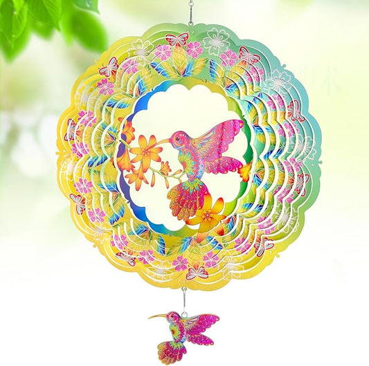 Wind Spinners - 12 Inches Hummingbird Wind Spinner, 3D Reflective Metal Wind Sculptures, Decor for Home, Outside, Garden, Yard Art, Hummingbird Gifts for Daughter, Mom, Grandma's Birthday, Yellow Cyan
