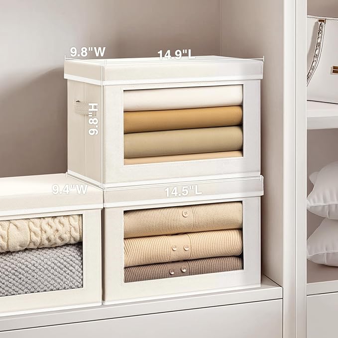 Storage Bins with Lids - Medium Storage Box with Lids, Foldable Closet Boxes for Organizing, Stackable Clothes Organizer with Window, Cubes Bins for Living Room, 5 Pack, Beige