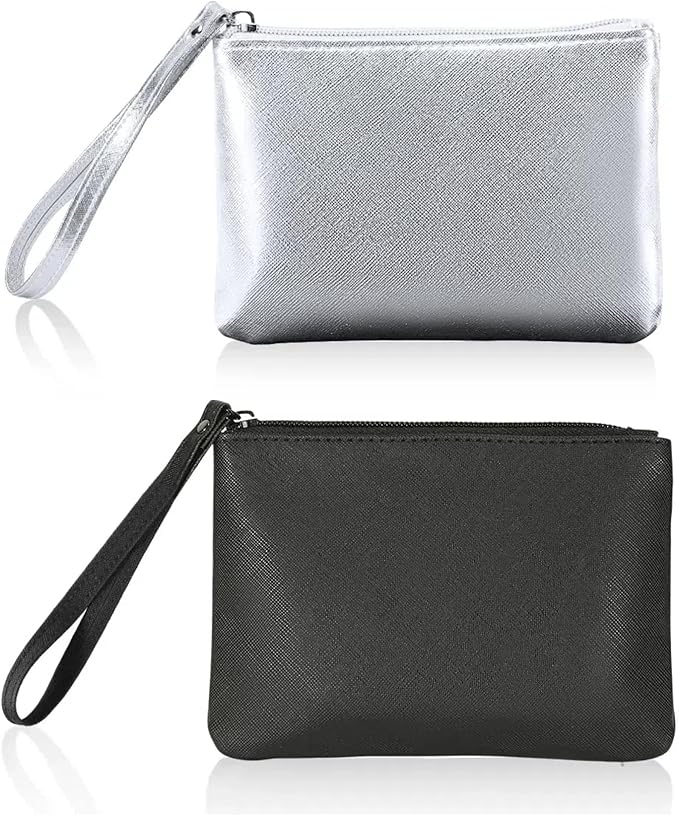 2 Pack Small Zipper Pouch Mini Makeup Bag for Purse Lipstick Cosmetic Travel Make Up Organizer for Women Essentials, Car Change Coin Holder 4.5 x 6.5 Clutch Stadium Approved Wristlet, Black Silver