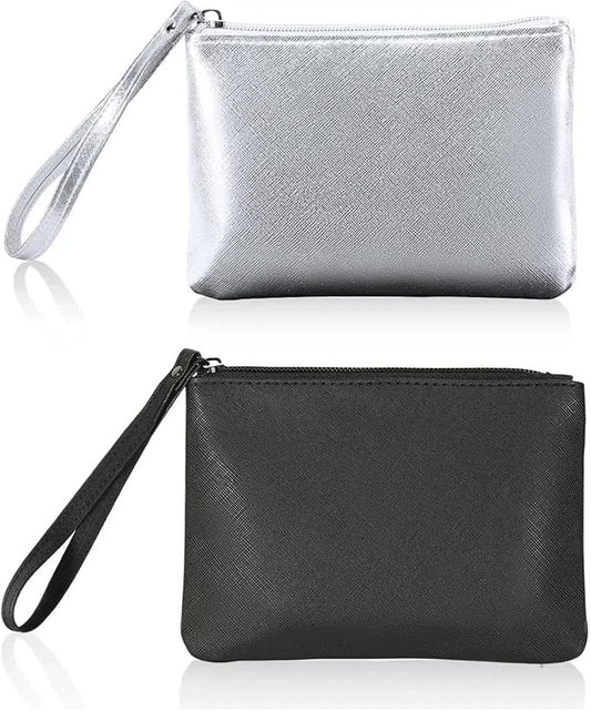 2 Pack Small Zipper Pouch Mini Makeup Bag for Purse Lipstick Cosmetic Travel Make Up Organizer for Women Essentials, Car Change Coin Holder 4.5 x 6.5 Clutch Stadium Approved Wristlet, Black Silver