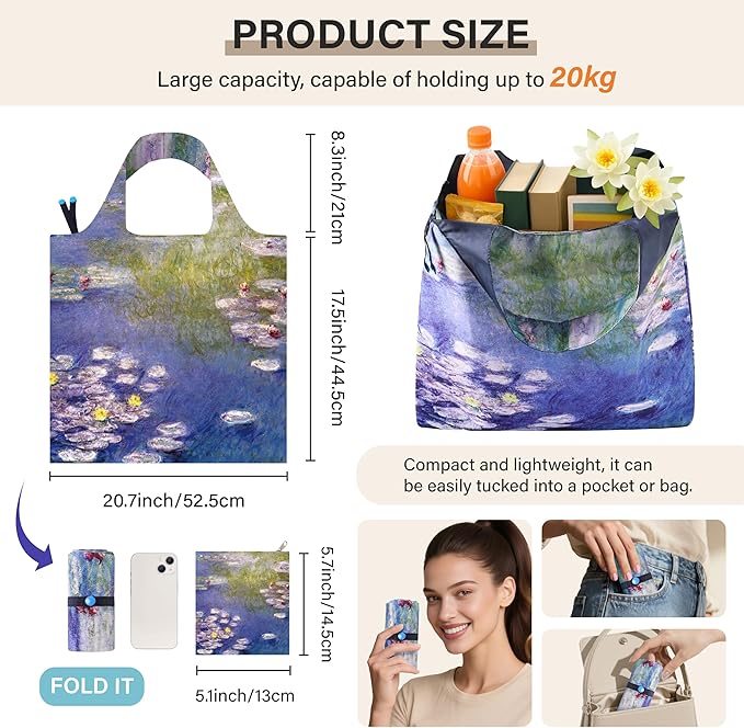 Reusable Grocery Bags, Oil Painting Art Tote Bags With Carry Pouch Waterproof Shopping Bags for Travel Daily Use