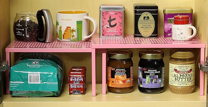 Simple Houseware Expandable Stackable Kitchen Counter Shelf Organizer, Pink, Metal Top, 11.25 in L x 7.9 in W x 5.4 in H