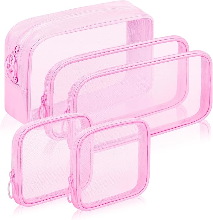 5 Pieces Mini Zipper Nylon Mesh Pouch, Mesh Cosmetic Bags Makeup Bags, Multipurpose Travel Toiletry Bags for Office Supplies and Travel Accessories (Pink, Assorted Sizes)