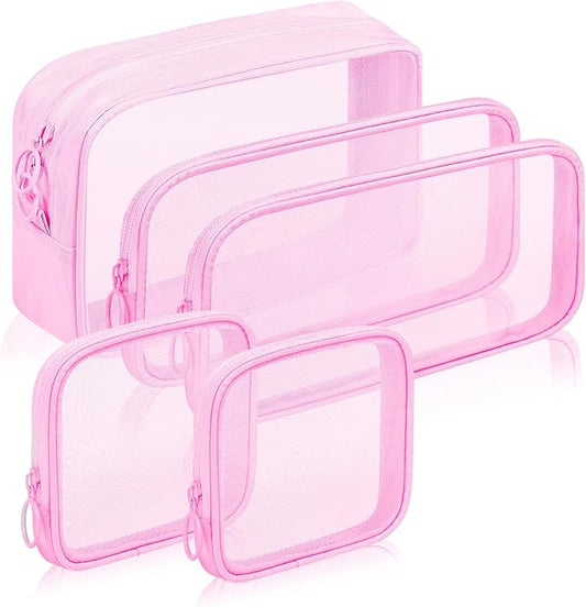 5 Pieces Mini Zipper Nylon Mesh Pouch, Mesh Cosmetic Bags Makeup Bags, Multipurpose Travel Toiletry Bags for Office Supplies and Travel Accessories (Pink, Assorted Sizes)