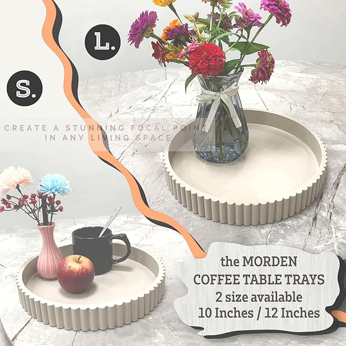 Modern Table Round Decorative Trays 2pcs Home Decor - Circle Coffee Table Centerpiece Set 12"/10" - Wooden Warm Grey Ottoman Tray with Fluted Edge