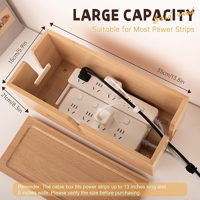 Large Cable Management Box - Organizer for Electrical Cords and Power Strips - Conceal Desk and Floor Cables - Storage Solution for Cord Hider and Organization (Natural Wood)