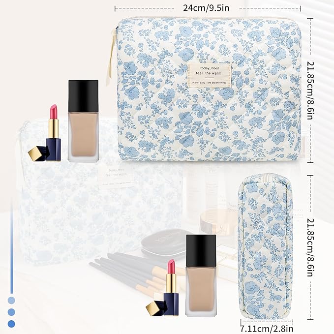 2PC Makeup Bag Set, Cute Cosmetic Bag for Women Girls, Floral Coquette Aesthetic Toiletry Bag, Travel Make Up Organizer Bag (Blue Floral)