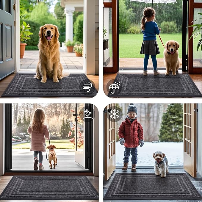 Buganda Front Door Mat Indoor Outdoor Entrance, Non-Slip Natural Rubber Doormats, Easy Clean, Low Profile, Dirt Trapper Entryway Floor Mats for Outside, Garages and Patios, 29.5x17, Silver Grey