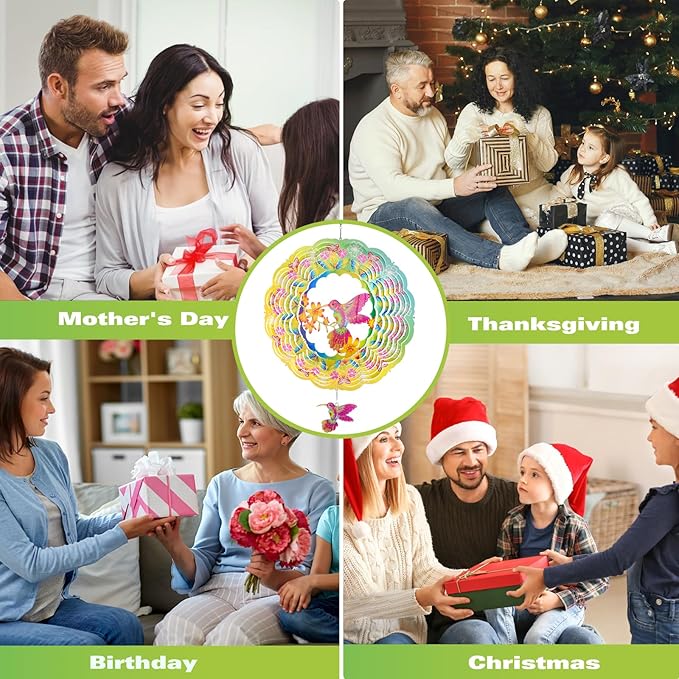 Wind Spinners - 12 Inches Hummingbird Wind Spinner, 3D Reflective Metal Wind Sculptures, Decor for Home, Outside, Garden, Yard Art, Hummingbird Gifts for Daughter, Mom, Grandma's Birthday, Yellow Cyan