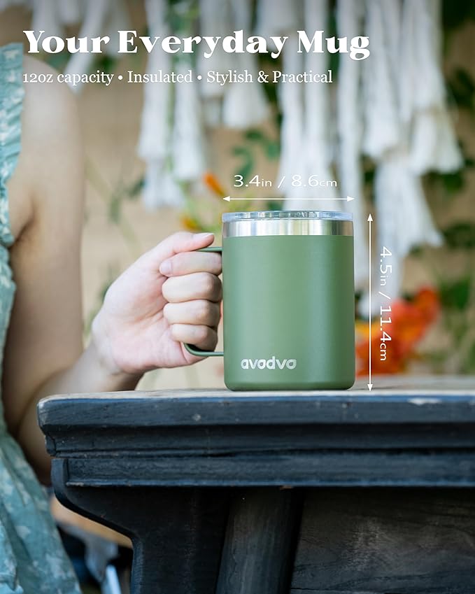 12oz Insulated Coffee Mug with Lid – Includes Two Lids, Stainless Steel Coffee Travel Mug with Handle, Double Wall Vacuum Insulated Camping Mug for Home, Office & Outdoor, Army Green