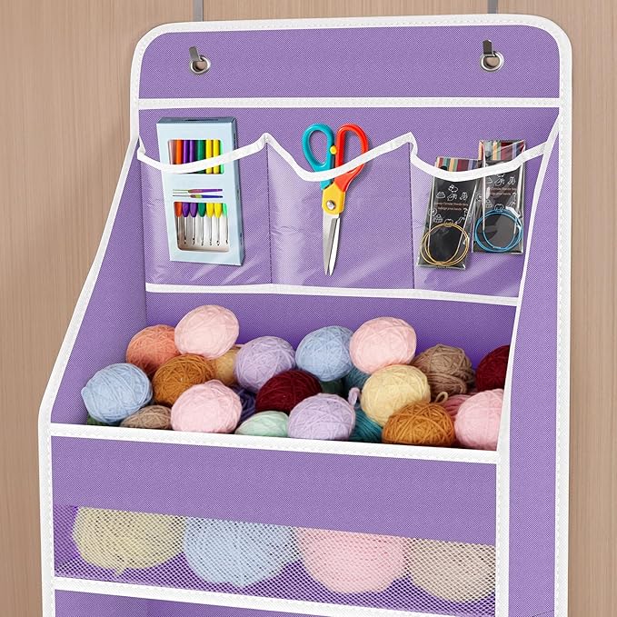 Univivi 6-Shelf Over Door Hanging Organizer Fabric Baby Door Storage with 5 Large Pockets and 3 Small PVC Pockets Wall Mount Hanging Storage Organizers for Baby Essential (Purple)