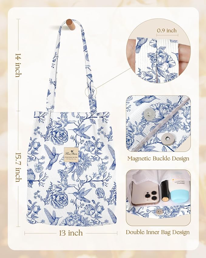 Miss Adola Corduroy Tote Bag for Women - Reusable Totes with Pocket & Buckle Cute Aesthetic Shoulder Bag for Work Travel