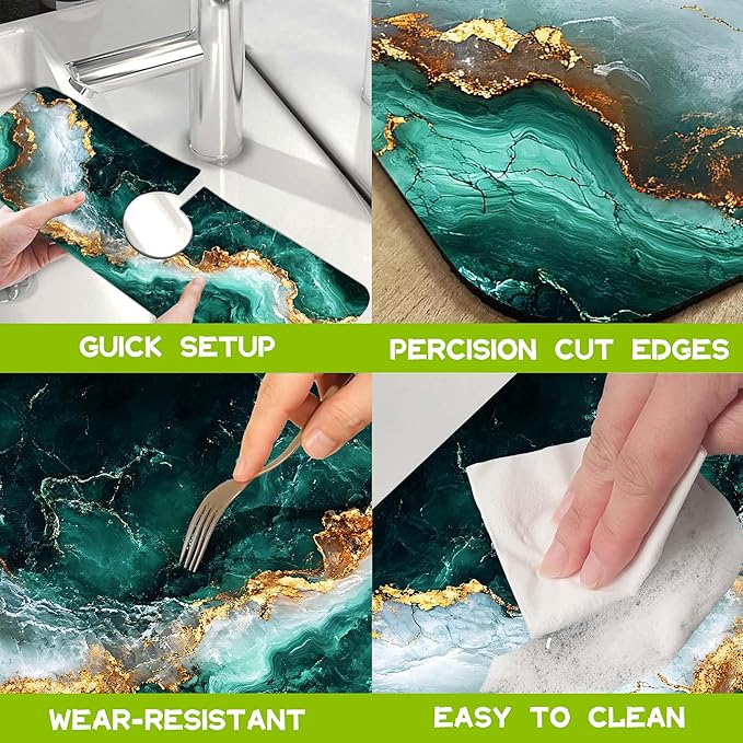 Emerald and Gold Marble Texture Kitchen Sink Splash Guard Faucet Mat, Super Absorbent Fast Drying Mat Guard Behind Faucet, Drip Catcher for Kitchen Bathroom, 15.5"X5.5"