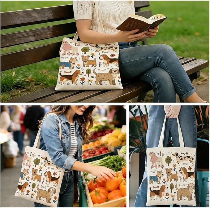 MOLOVA】Printed Canvas Tote Bag for Women - Inner Zipper Pocket & Magnetic Closure, Versatile Hand Shoulder Carry, 15x16 Inch Large Capacity for Work Travel Shopping, Dog