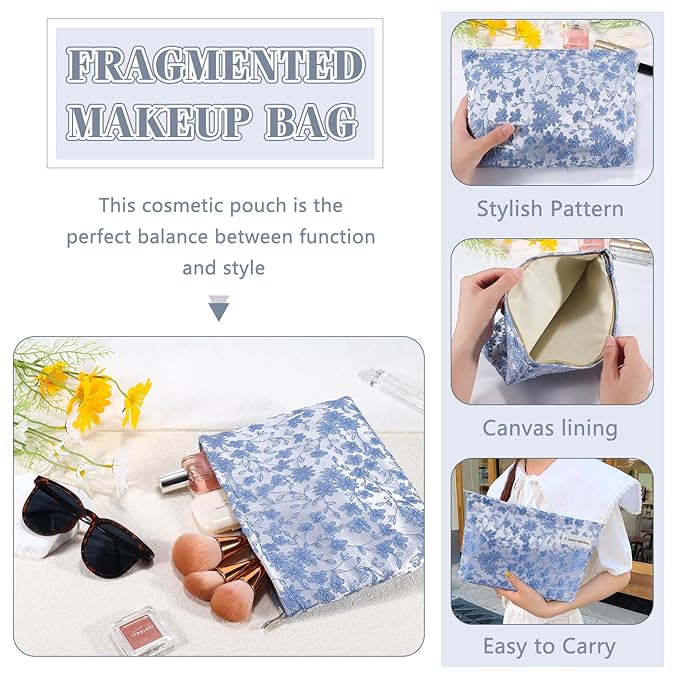 ZLFSRQ Daisy Flower Makeup Bag Travel Floral Cute Cosmetic Bags for Women Large Toiletry Pouch Zipper Cosmetic Pouch for Purse Aesthetic Embroidery Blue Makeup Organizer Bag Portable Toiletry Bags