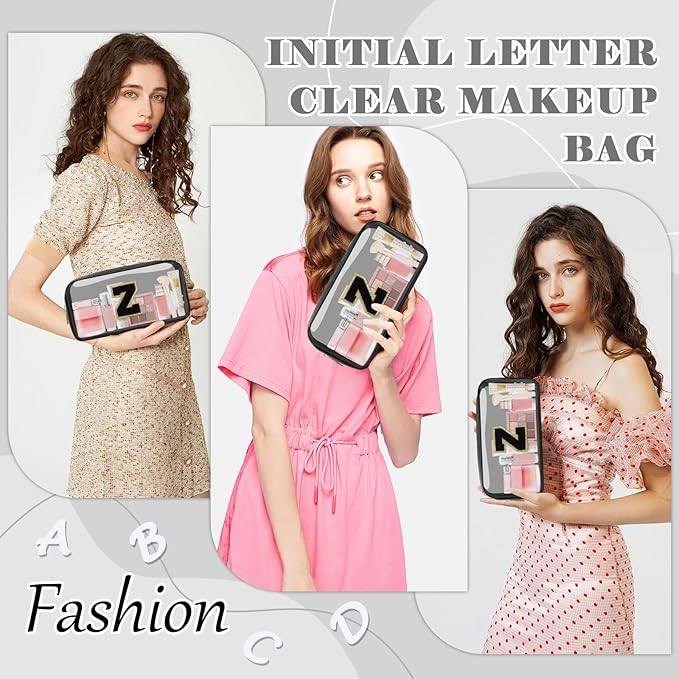 Personalized Initial Letter Clear Makeup Bag, Preppy Small Nylon & PVC Cosmetic Zipper Bag with Chenille Letter, Travel Skincare Toiletry Bag, Monogram Christmas Gift for Teen Girls Women