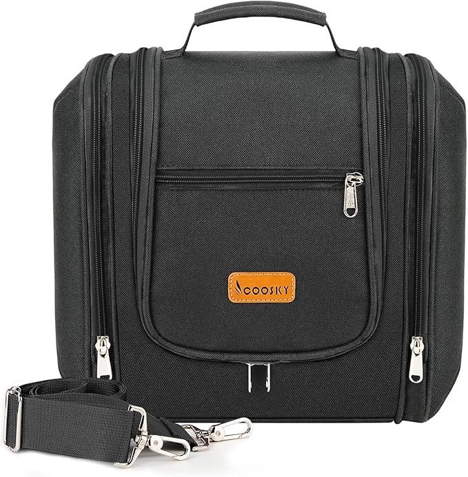 Hanging Travel Toiletry Bag for Women and Men, 6 Organizer Compartments, Large Toiletries Essentials, Bathroom Cosmetic Accessories, Water-resistant Makeup Bag, Holds Full-Size Shampoo, Black
