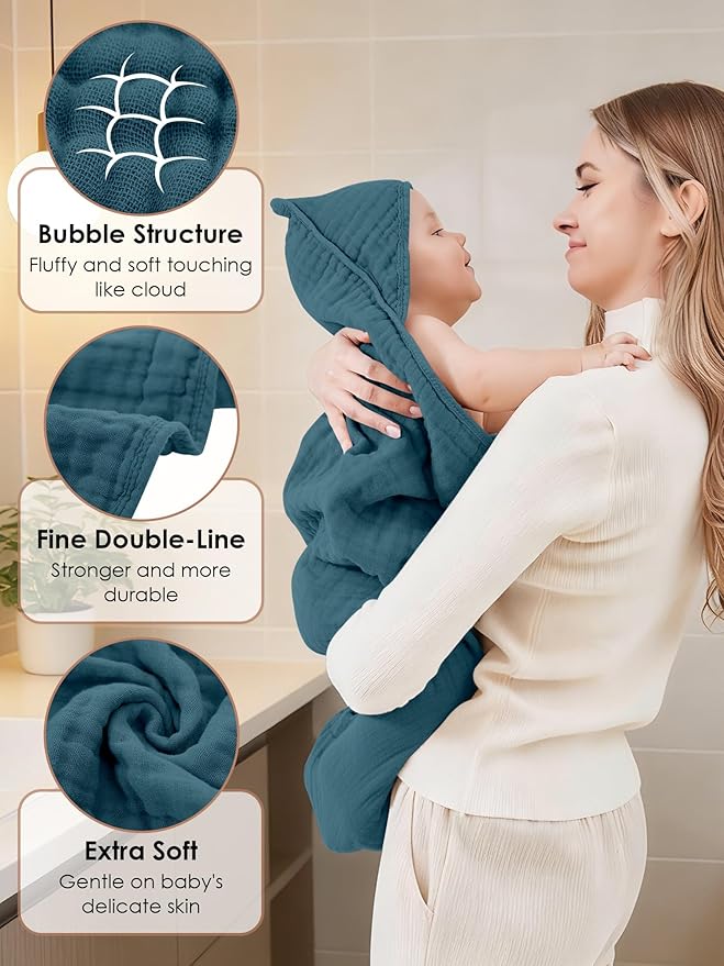 Muslin Hooded Baby Bath Towels - 3 Pack 100% Cotton Ultra-Soft Towels for Newborns, Infants, Toddlers - 32x32 Inch - Highly Absorbent, Quick-Dry Essentials for Bath, Beach, Pool, Green Blue Series