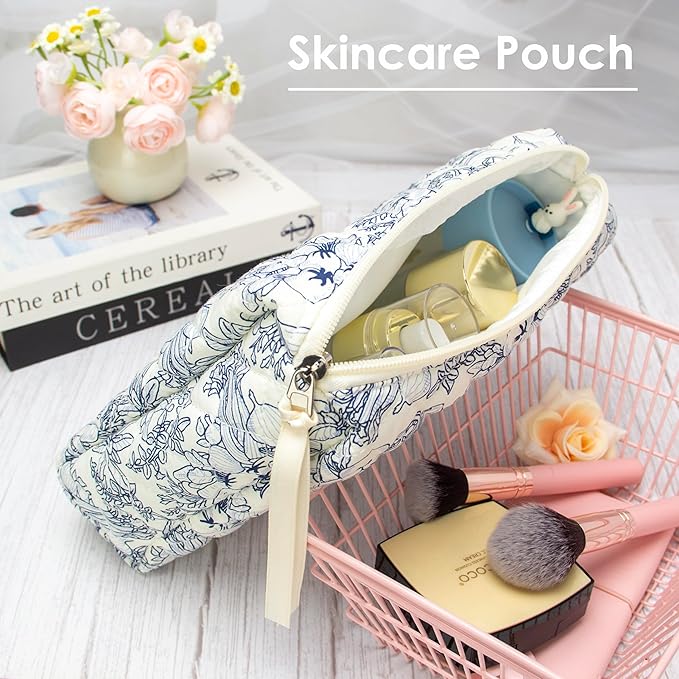 PAZIMIIK 3PCS Makeup Bag SET Large Travel Quilted Zipper Soft Cosmetic Case Pouch for Women Girls Make Up, Flower White
