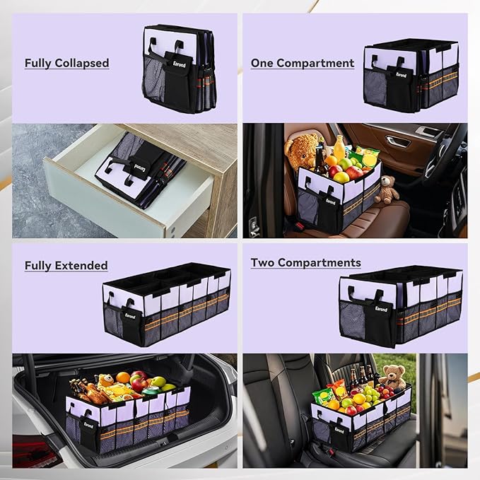 EAROND Car Trunk Organizer with Lid,Collapsible Car Storage Organizer with Multi Compartments and Securing Straps for SUV,Sedan,Jeep-Cyan