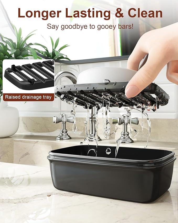 Quatish Leakproof Large Soap Dish with Lid & Draining Layer, Shatterproof Travel Bar Soap Holder Case Container, Portable Travel Size Toiletries Essentials for Camping, Gym, Bathroom, Black