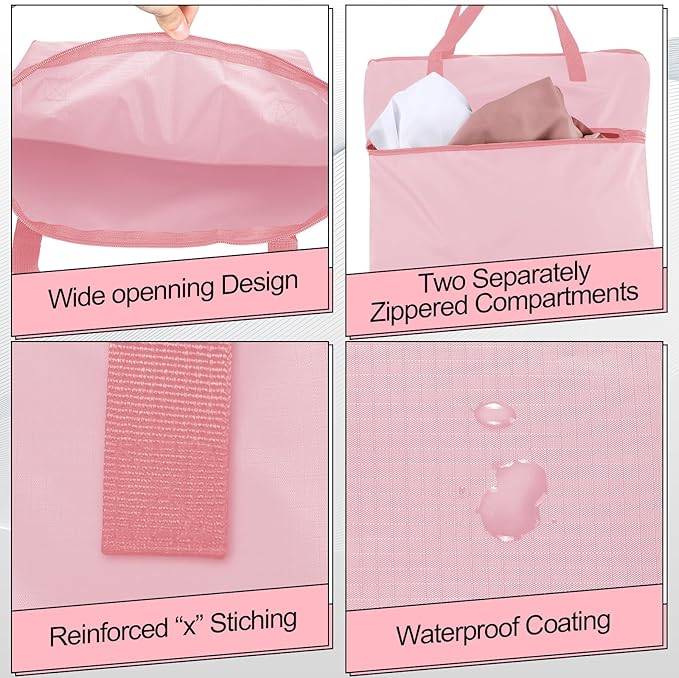 2 Pcs Travel Laundry Bags Waterproof with Handle Dirty Clothes Bag for Traveling Hanging Laundry Hamper with Two Zippered Pockets Washable Reusable for Sports Home Travel College Dorm (Pink)