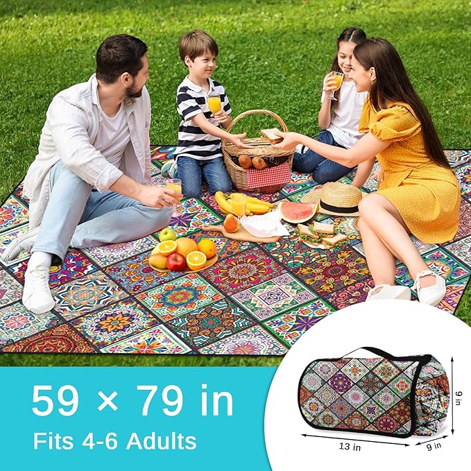 Waterproof Picnic Outdoor Blanket, 79" x 59" Sandproof Foldable Large Picnic Blanket for Beach, Camping, Park, Travel, Concert, Great Gift for Families and Couples (Bohemian Color)