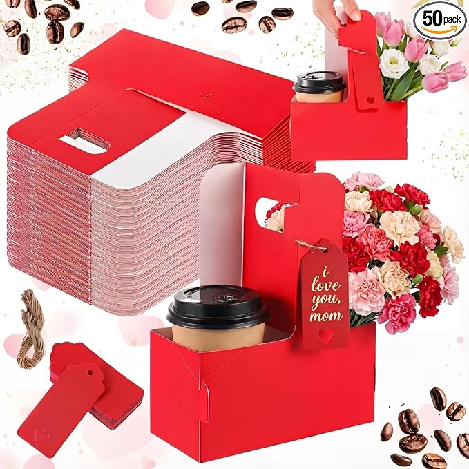 MotiMind 50 Pack Mother's Day 2 Cup Drink Carrier with Handle, Kraft Paperboard Teacher Cup Holder Portable for Hot Cold Drinks, Coffee Carrier Gift with Heart Card Rope (Red)