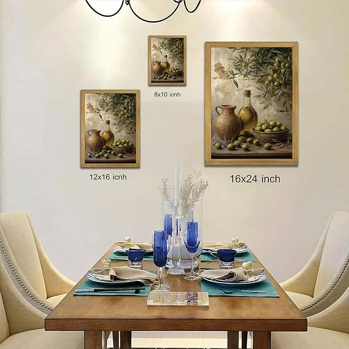 Wood Framed Olive Kitchen Wall Art, Vintage Rustic Still Life Canvas Print, Green Olives Poster Print Picture, Fruit Wall Decor Painting for Dining Room Cafe Restaurant Farmhouse Home Decor 16x24 inch