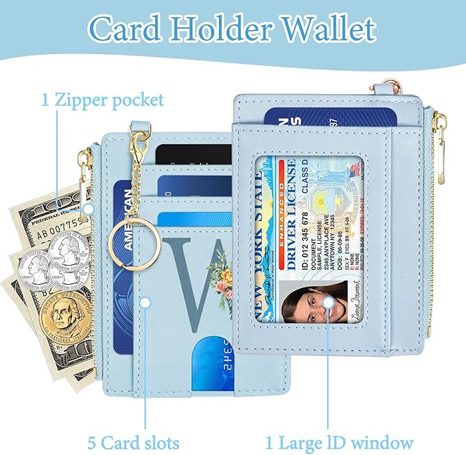 Slim Card Holder for Women, Initial Slim Wallet for Women RFID Blocking Thin Travel Wallet,PU Leather Credit Card Holder, Personalized Birthday Gifts for Women Sister Mom Daughter（Blue）