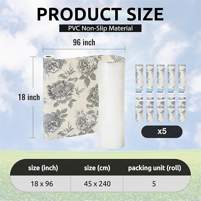 18X96 Inch Shelf Liner for Kitchen Cabinets, PVC Drawer Liner for Dresser Non-Slip Bathroom, Non-Adhesive Cabinet Liner Washable (Black Flower)(5 Roll)