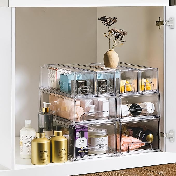 Sorbus Plastic Storage Bins Stackable Clear Pantry Organizer Box Bin for Organizing Kitchen Fridge, Food, Snack Pantry, Fruit, Vegetables, Bathroom, Wide & Narrow Deep (4 Pack)