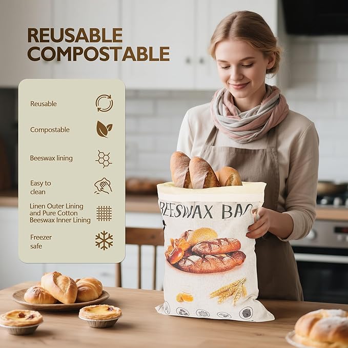 2 Pack Beeswax Bread Bag,17"×13"Reusable Organic Bread Bags for Homemade Bread Sourdough,Linen Outer Lining and Pure Cotton Beewax Inner Lining Moisture-proof &Fresh-Preserving With Buckle&Bowl Covers
