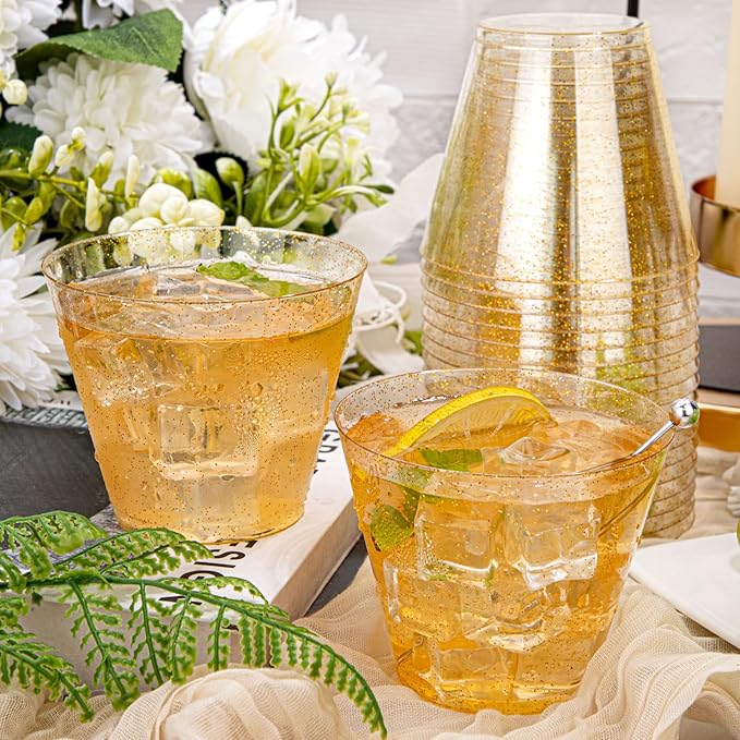Hioasis 200Pcs 9OZ Gold Glitter Plastic Cups - Gold Plastic Cups, Heavy Duty & BPA-free for Party, Wedding, Celebrations