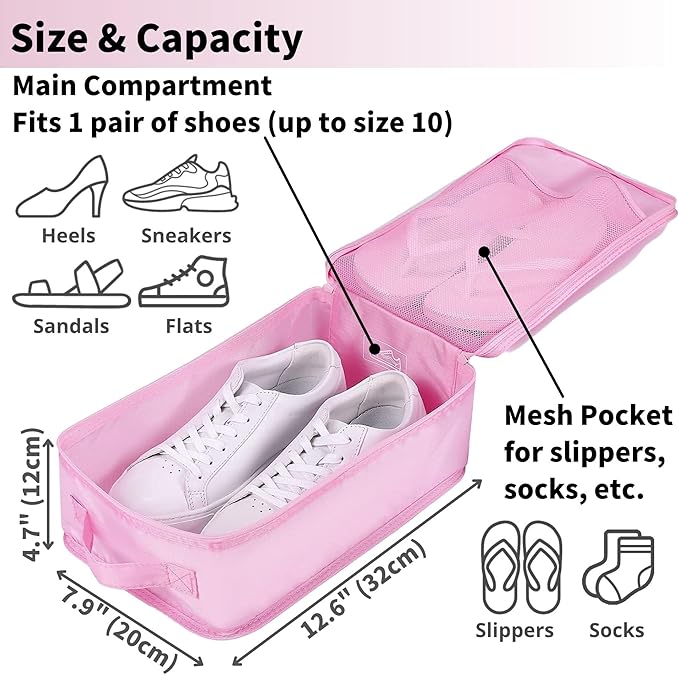 tianzong 2 Pack Plaid Travel Shoe Bag with Carry Handle & Mesh Pocket - Shoe Organizer for Sneakers, Heels, Sandals, Gym, Laundry (Pink)