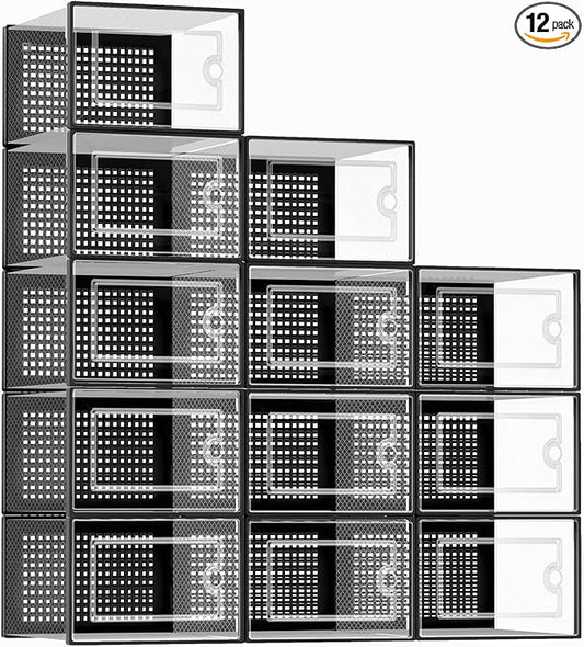 Kuject X-Large Shoe Storage Boxes Organizers Clear Plastic Stackable 12 Pack, Shoe Rack & Holder Substitute, Sneaker Containers, Toy Storage Organizer Bins for Entryway, Closet, Under Bed, Black
