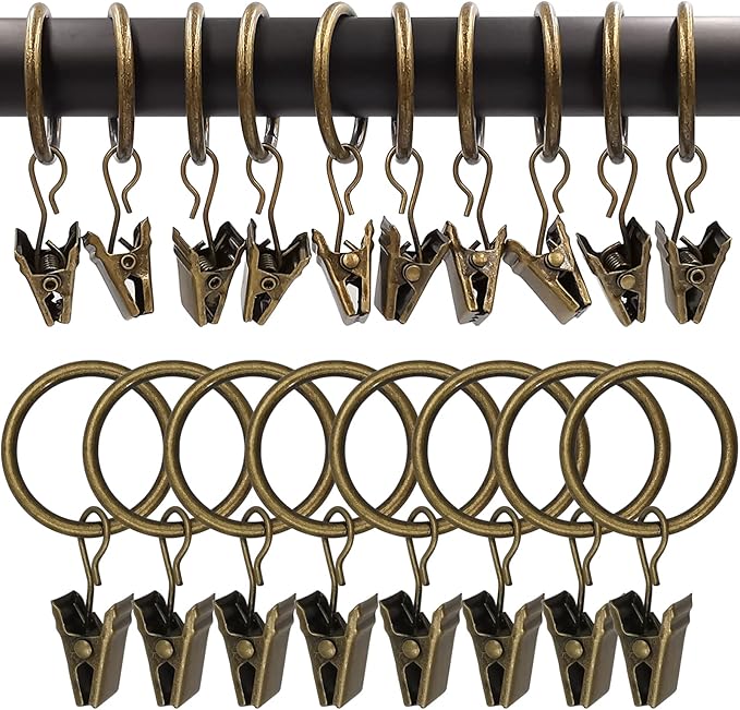 WeeksEight 100 Pack Bronze Curtain Rings with Clips, Curtain Hooks Hangers Clip Rings for Hanging Drapes Bows Hat, Drapery Rings 1 in I D, Fits up to 5/8 in Diameter Curtain Rod.