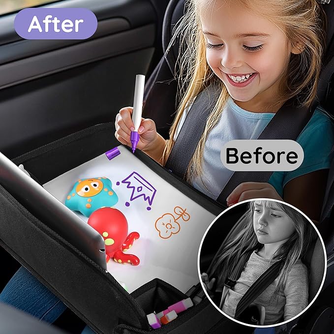 2Pcs ‎Kids Travel Tray, Kids Travel Trays for Car Seat, Road Trip Essentials for Toddler, Carseat Lap Tray with Dry Erase Board & Storage Organizer for Road Trip Activities for Kid, Black