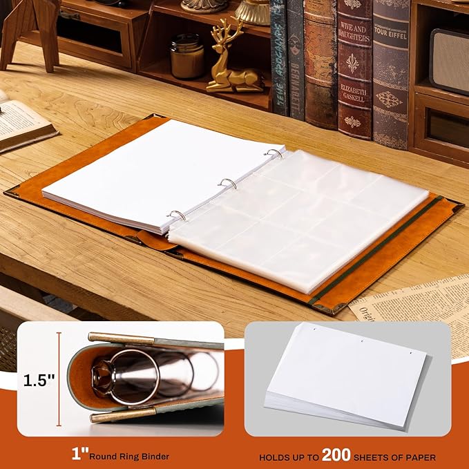Ovesmusl Leather 3 Ring Binder Fits 8.5"x11" Letter Size Paper, 1 Inch Round Ring Binder Holds 200 Sheets, Notepad Paper Cover Loose Leaf Organizer, Brown Tree