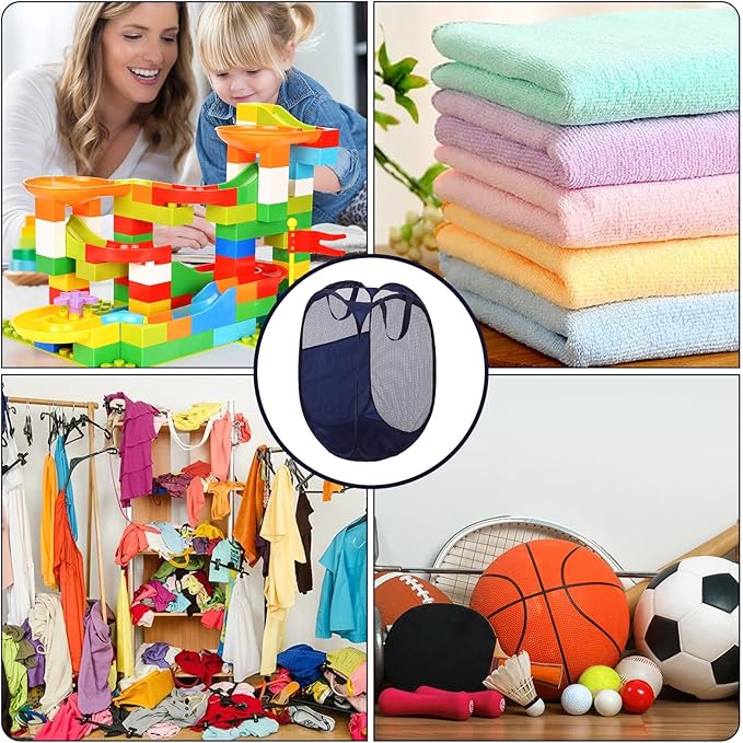 6Pcs Pop up Hampers for Laundry Foldable Mesh Laundry Hamper Baskets with Sturdy Handles Pop up Hamper Dirty Clothes Baskets for Bedroom College Dorm Travel Storage (Black/White/Blue)