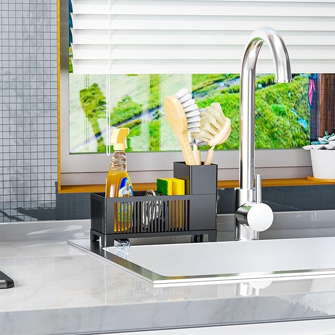 Rustproof Kitchen Sink Organizer for Countertop,Multifunctional Sink Organizer Caddy & Organization,Scrub Brush and Sponge Holder,Plastic Sink Storage Rack,Sponge Drain Rack,Dish Soap Dispenser,Black