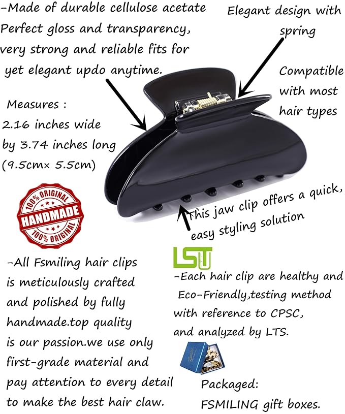 Big Claw Hair Clips for Women Hair Jaw Clips Large Hair Claw Clamps Acetate Hair Clip 2 Pack,Black/Beige