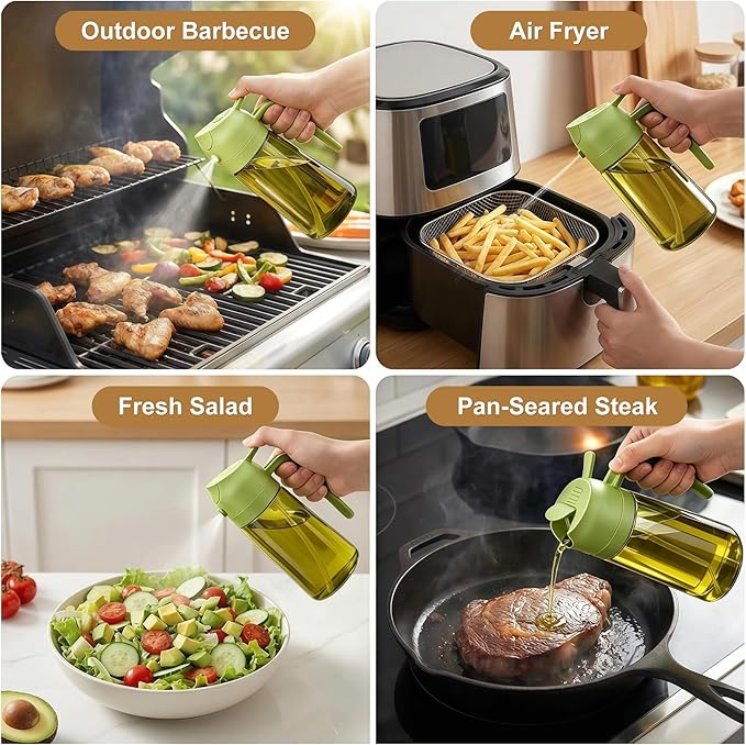Poshetion 2 in 1 Olive Oil Sprayer for Cooking, 16oz Light-Proof Oil Dispenser for Kitchen, Leak-Proof Oil Spray Bottle for Air Fryer, Salad, BBQ, Baking, Grilling - Green & Green
